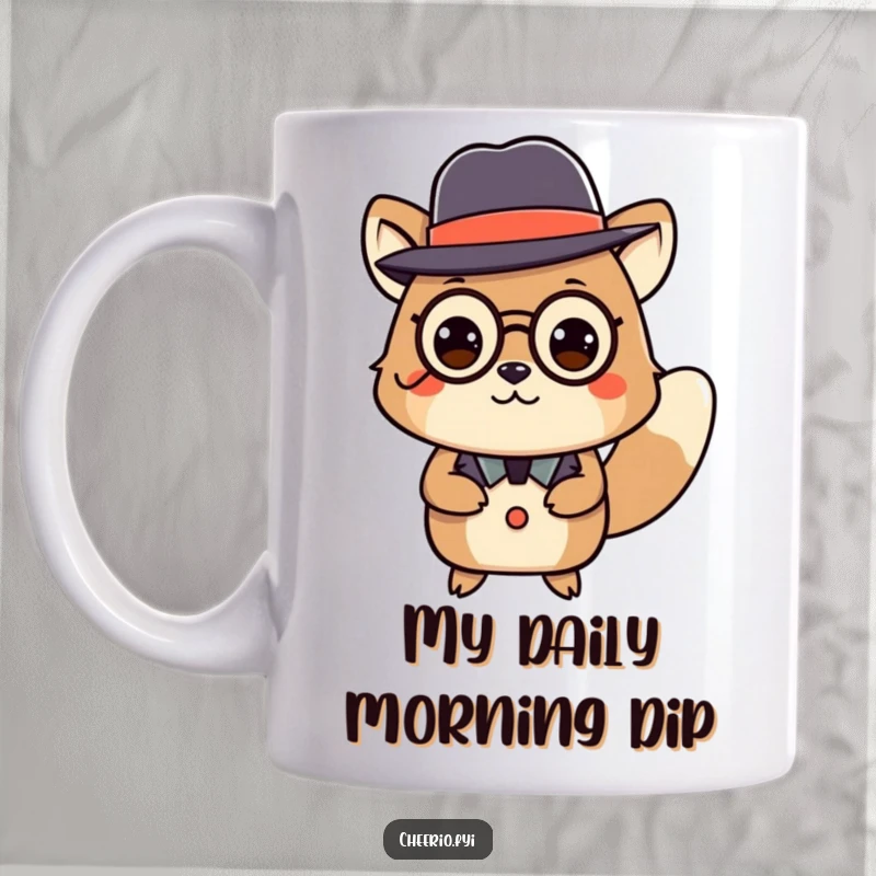 Funny animal character in a bowler hat and monocle performing a polite curtsey on a mug, exuding sophisticated humor.