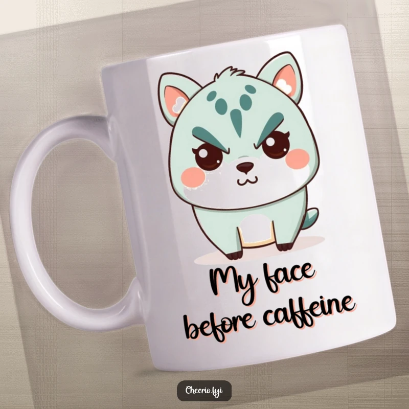 Funny Mug: A cute animal character with a stern expression secretly shows a tiny, mischievous smile, perfect for a subtle laugh.