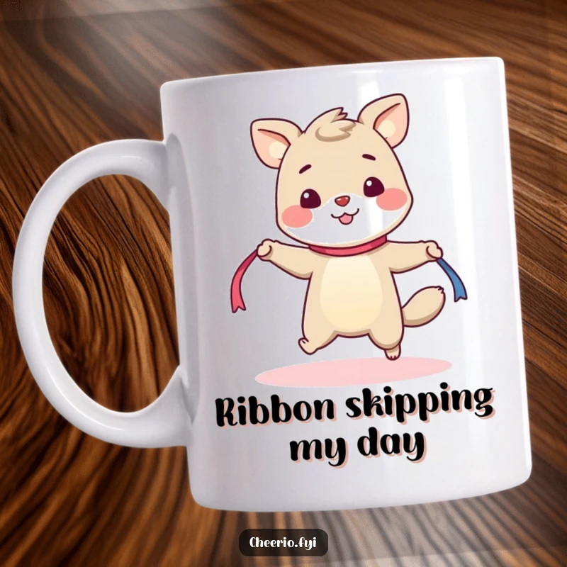 Funny mug showing a cheerful animal with a bright disposition, enthusiastically attempting to skip rope with a flowing ribbon.
