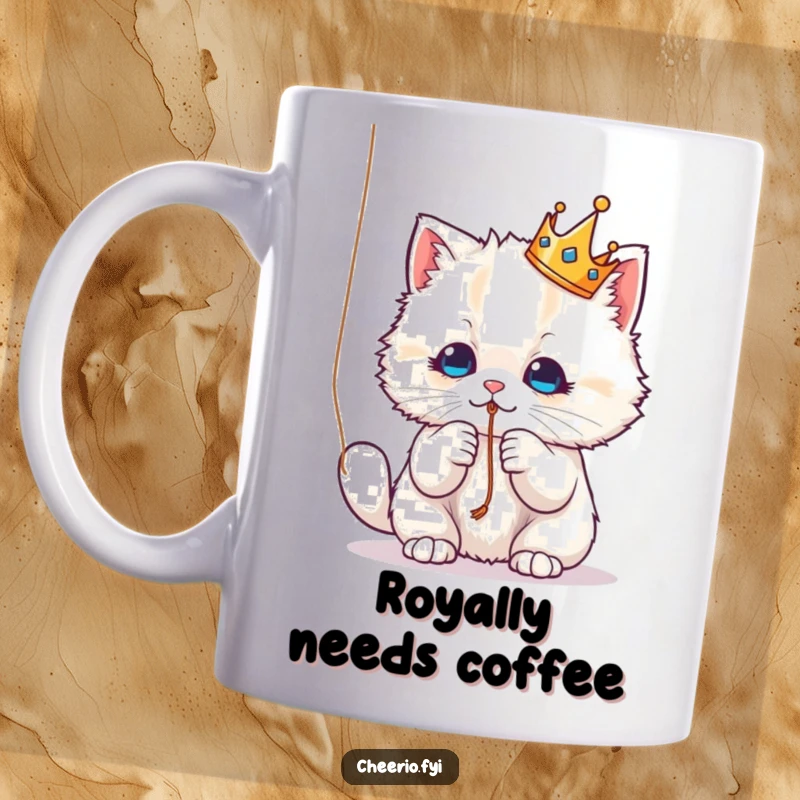 Funny Mug: A fluffy cat in a tiny crown playfully batting at a string, capturing feline joy and royalty.