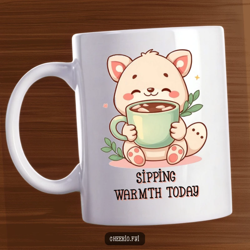 Funny mug showing a friendly animal character with a warm expression, holding and offering a steaming cup of delicious cocoa.