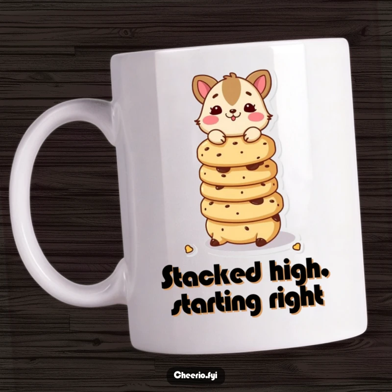 Funny mug with a playful animal character precariously balancing a tall stack of delicious scones.