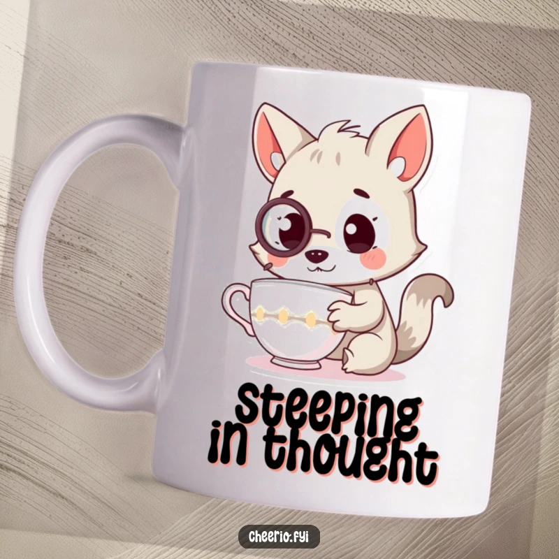 Funny mug showcasing an inquisitive animal character sporting a monocle, intently examining a delicate teacup with curiosity.