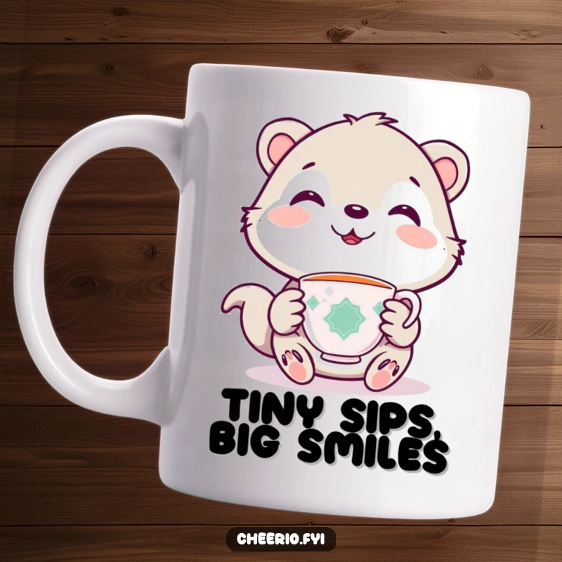 Funny mug with a cute animal holding a miniature teacup, smiling warmly, conveying joy and a love for tea.