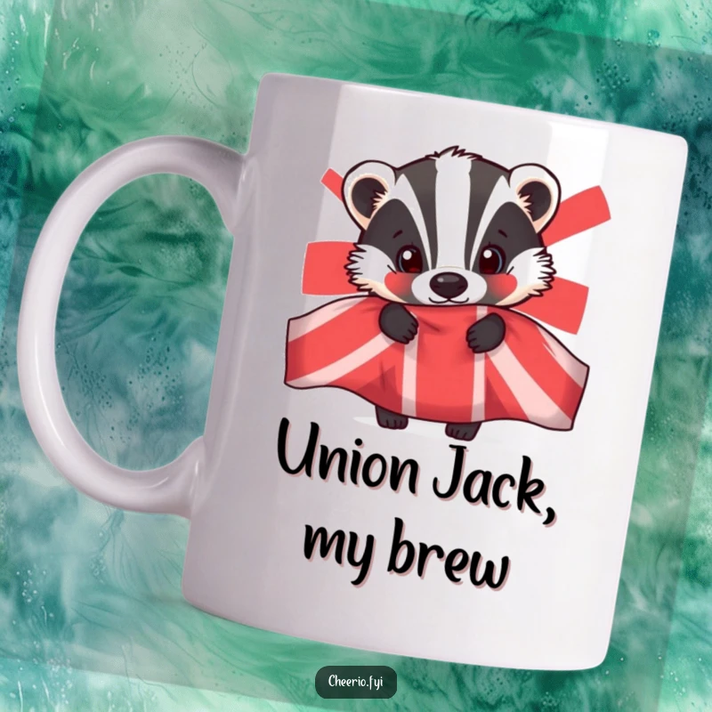 Funny mug with a curious badger peeking its head out from behind a large, waving Union Jack flag.