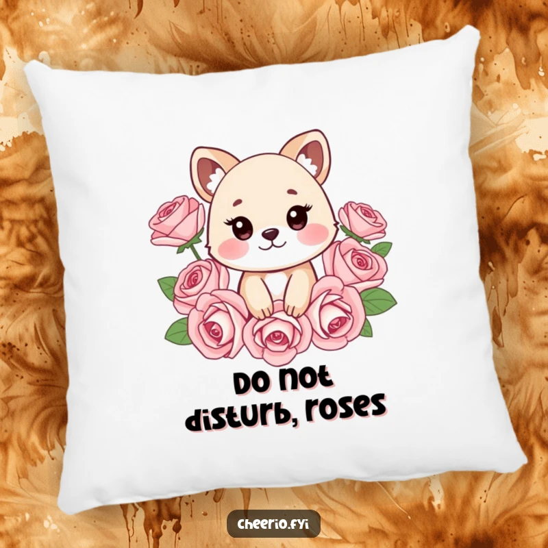 Funny pillow featuring a cheeky animal surrounded by stylized roses, providing soft comfort and a humorous, playful accent for any room, great funny gift.