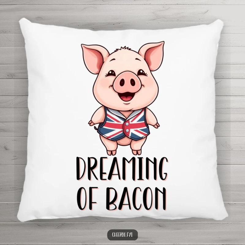 Funny Pillow: A happy pig in a Union Jack waistcoat smiling, a soft and humorous decorative item for comfort.