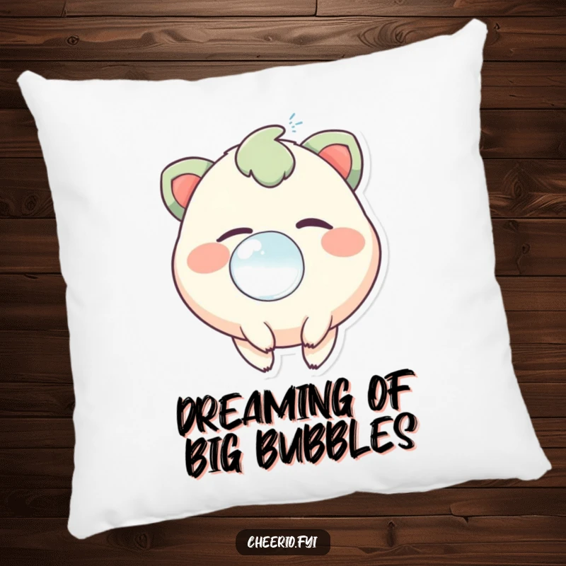 Funny pillow depicting a cute creature with a sparkling twinkle, blowing a big, happy, cheerful bubble.
