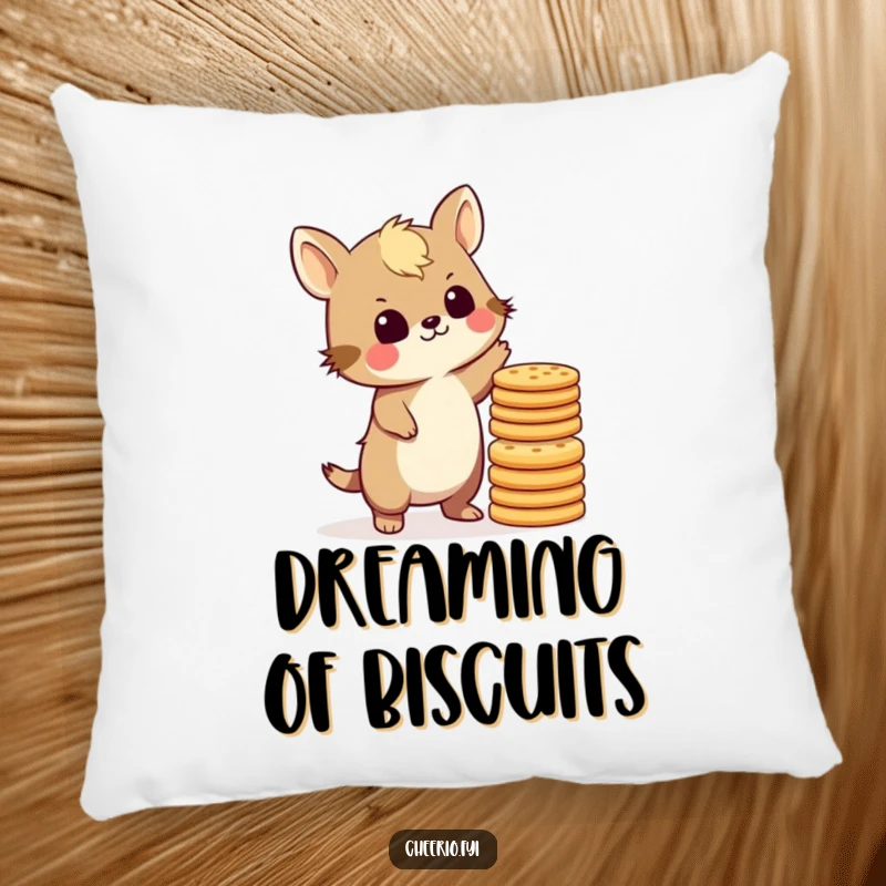 Funny British animal character attempting to balance biscuits, looking slightly worried, featured on a soft pillow for tea time comfort.