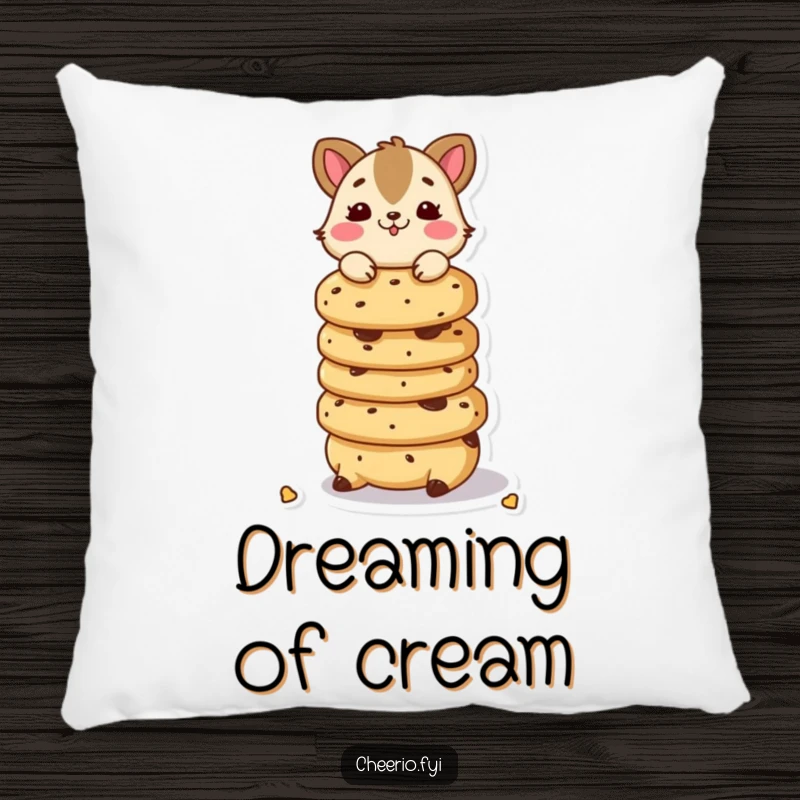 Funny pillow featuring a playful animal character balancing a stack of scones, adding comfort and charm.