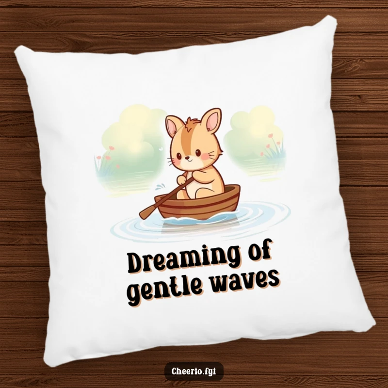 Funny British animal character rowing a tiny boat on a calm river, a soft pillow design radiating humorous tranquility.