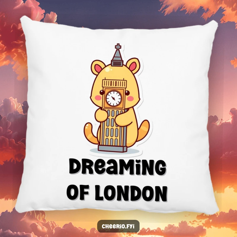 Funny cartoon animal embracing a stylized Big Ben icon, designed as a soft and humorous pillow.