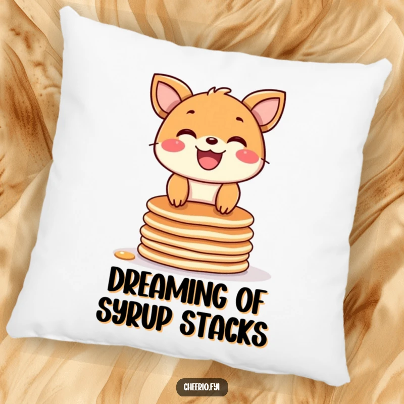 Funny pillow featuring a wide-grinning animal balancing on a stack of pancakes, offering both comfort and a dose of humor.