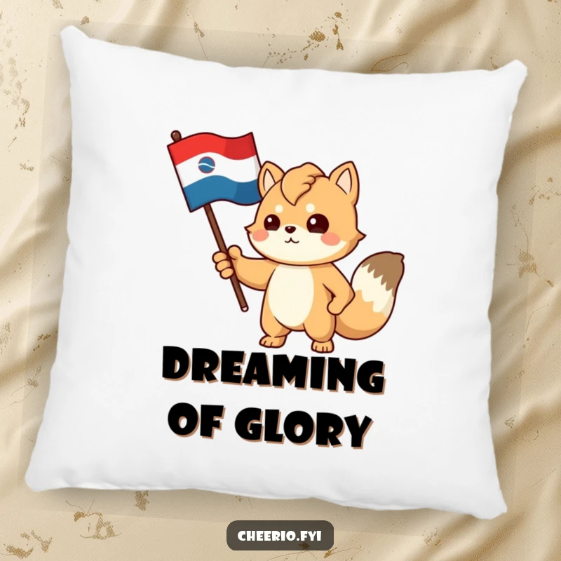 Funny pillow featuring a proud, determined animal character gesturing towards a stylized flag, perfect for patriotic decor.