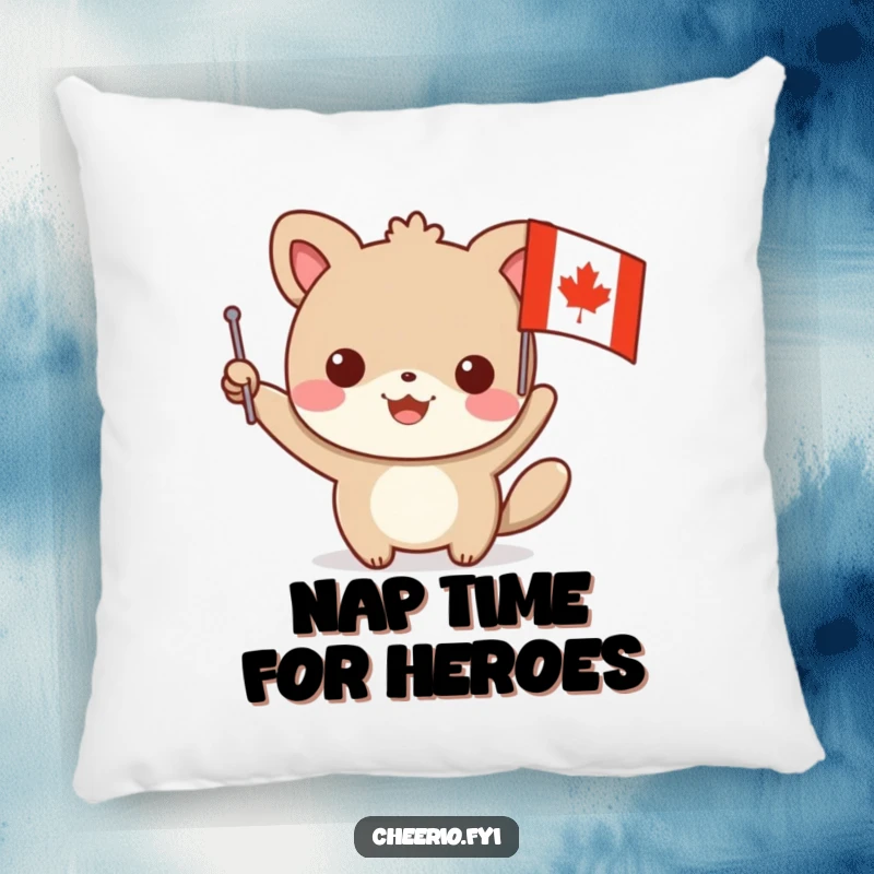 Funny pillow featuring a plush, happy animal character waving a small flag with a prominent red cross, offering comfort and cheer.