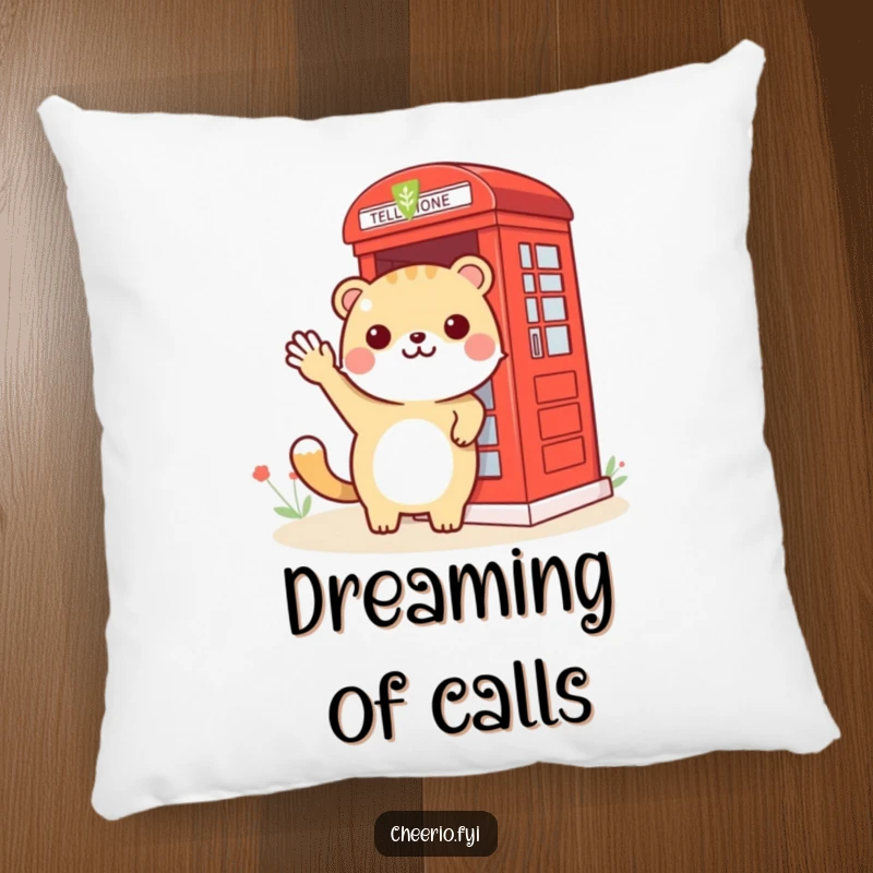 Funny animal waving towards a red phone booth, designed as a soft and humorous pillow.