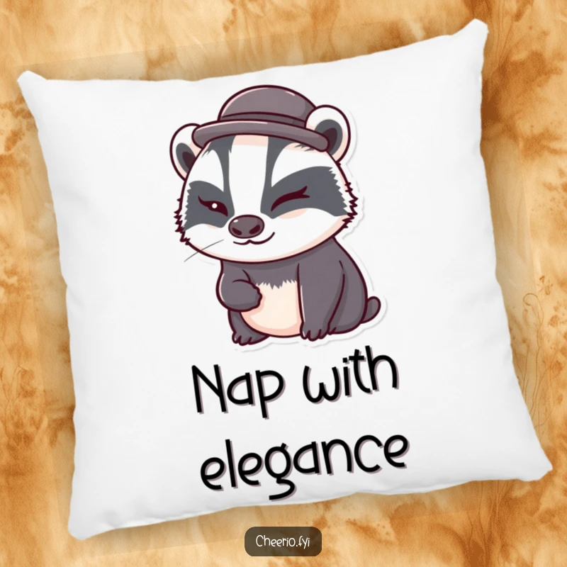 Funny badger with a tiny bowler hat winks playfully on a soft decorative pillow, a humorous and cute accent.