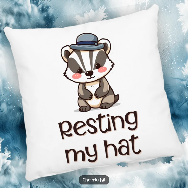 Funny pillow featuring a charming badger character tipping a miniature bowler hat, perfect for adding playful sophistication to any room.