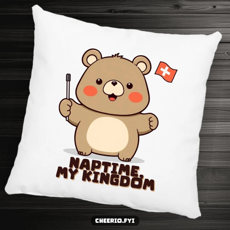 Funny pillow with a stout bear character enthusiastically waving a small flag featuring a white cross, adding comfort and spirit.
