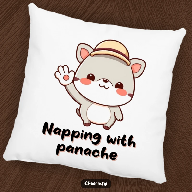 Funny pillow depicting a cheerful animal character wearing a small bowler hat and giving a jaunty wave. Adds a cozy, charming touch.
