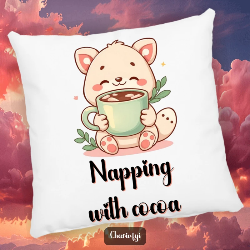 Funny pillow depicting a cute animal character offering a warm cup of cocoa, adding a touch of cozy charm.
