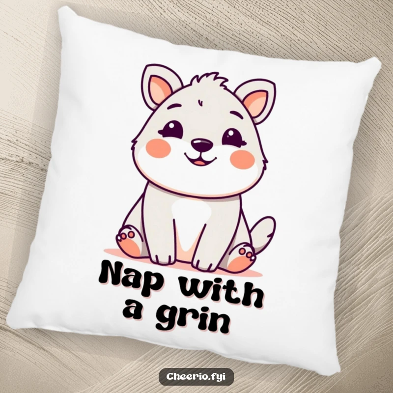 Cute animal with a friendly, welcoming grin, designed as a soft and humorous pillow.