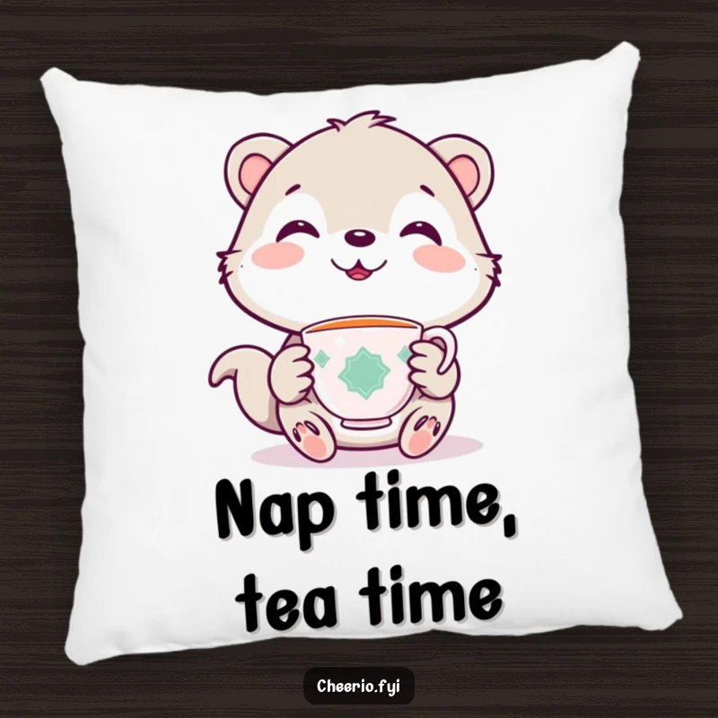 Funny pillow featuring a cute animal character holding a miniature teacup, exuding warmth and happiness.