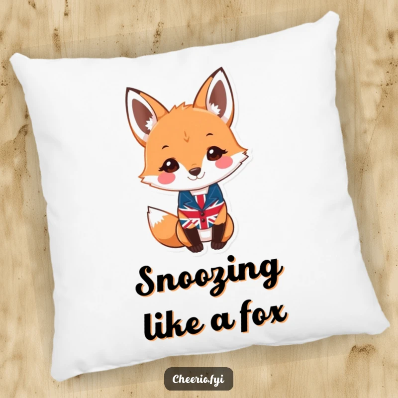 Funny fox pillow featuring a smiling fox character wearing a small Union Jack waistcoat, perfect for witty decor.