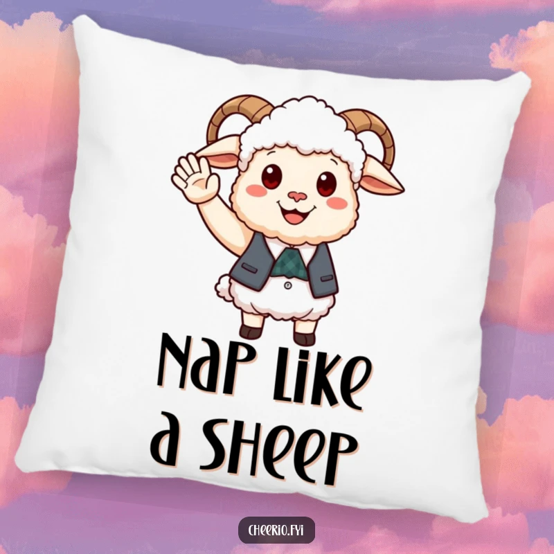 Funny happy sheep wearing a smart waistcoat offering a friendly wave, a soft decorative pillow.