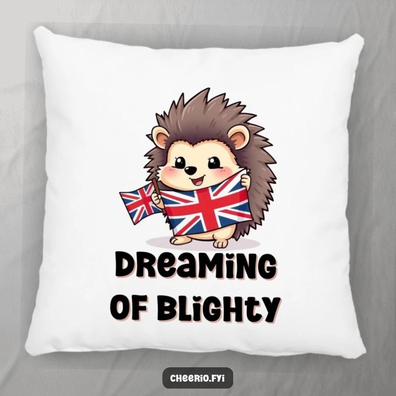 Funny happy hedgehog pillow featuring a Union Jack flag, offering soft, patriotic comfort and a cheerful touch.