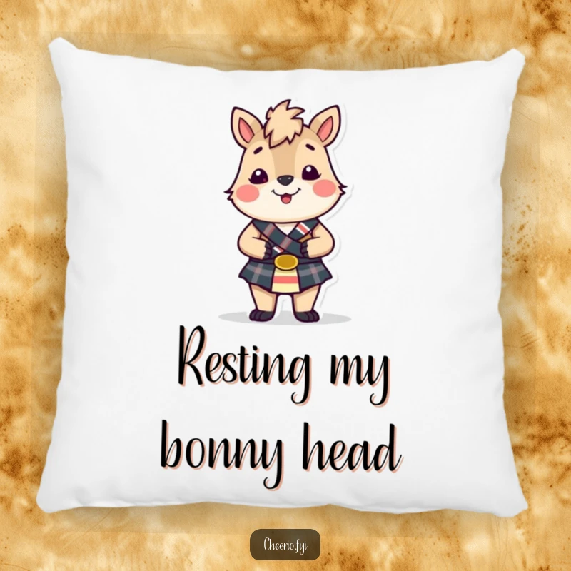 Funny British animal wearing a small kilt, looking cheerful, on a soft pillow, bringing humorous Scottish charm.