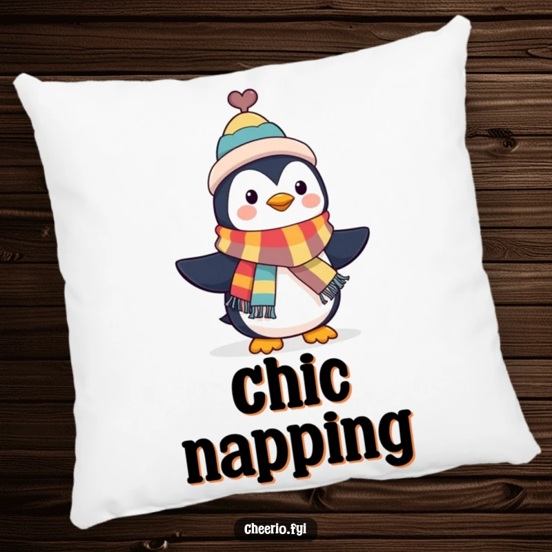 Funny Penguin Pillow: A penguin in a top hat waves a colorful scarf, providing comfort and dapper humor for any space. A perfect funny gift.