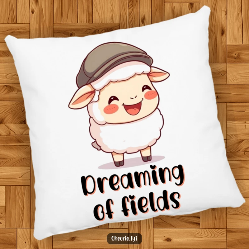 Funny Sheep Flat Cap Pillow: A happy sheep in a flat cap laughs heartily, offering comfy, humorous charm.