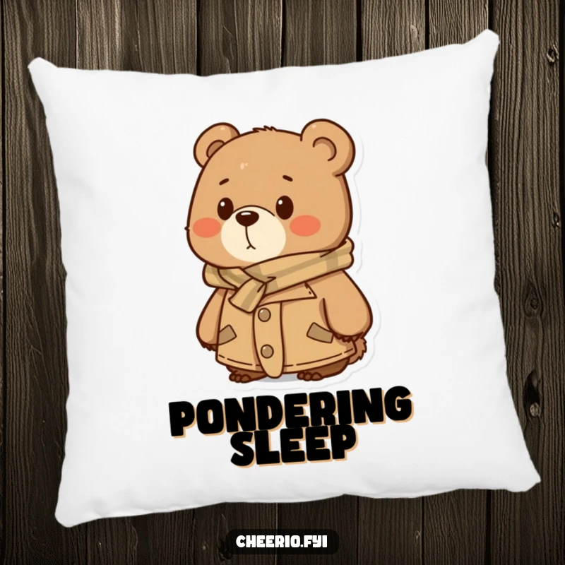 Funny Pillow: A bear in a tweed jacket and scarf looking thoughtfully into the distance, a soft and humorous decorative item.