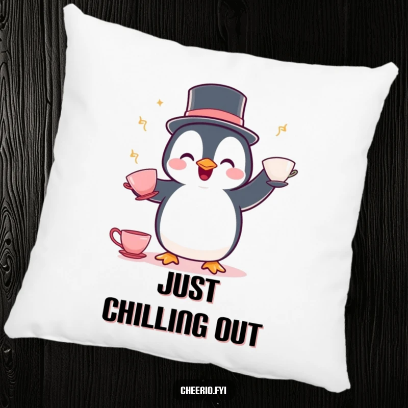 Funny Penguin Juggling Pillow: A delighted penguin in a bowler hat juggles teacups, offering cozy, whimsical comfort.