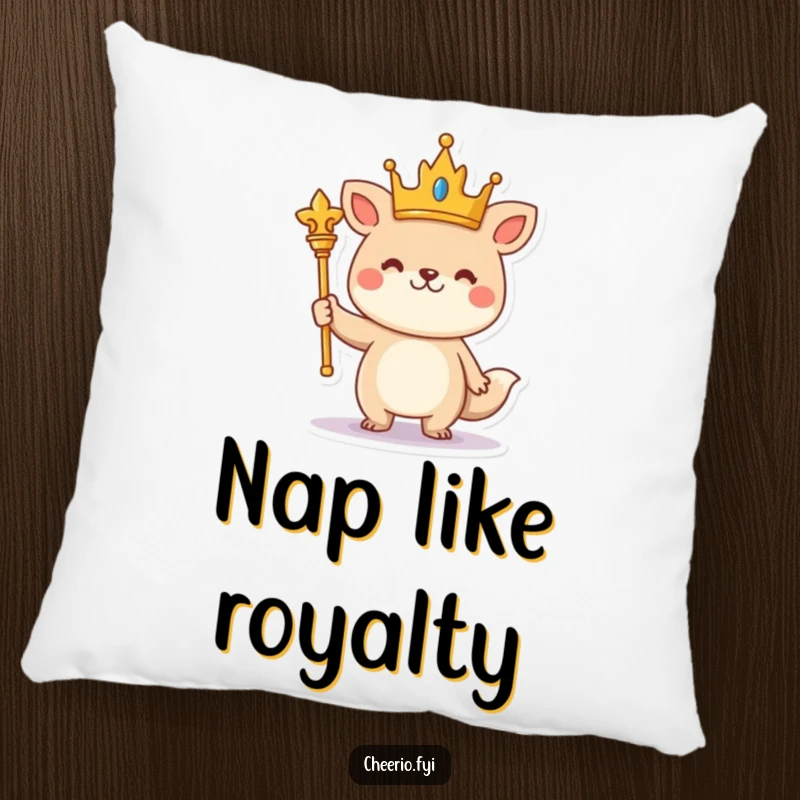 Funny cheerful animal wearing a crown and holding a scepter stands proudly on a soft decorative pillow.