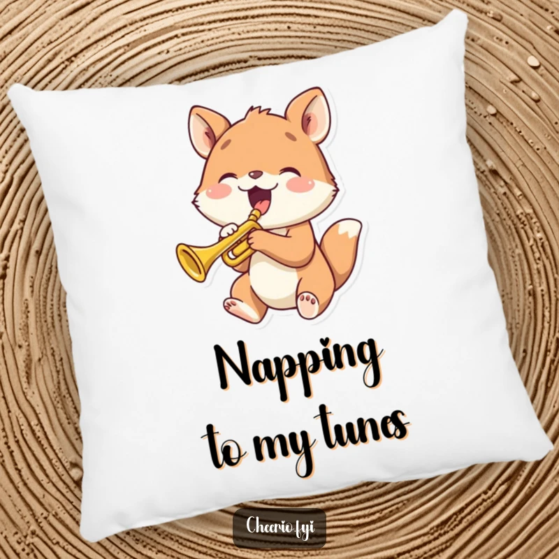 Funny animal joyfully playing a tiny trumpet, designed as a soft and humorous pillow.