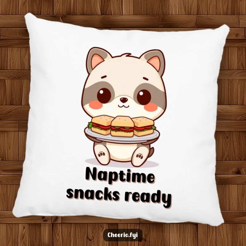 Funny Pillow: A charming stylized animal presents a delightful spread of miniature sandwiches, soft and amusing.