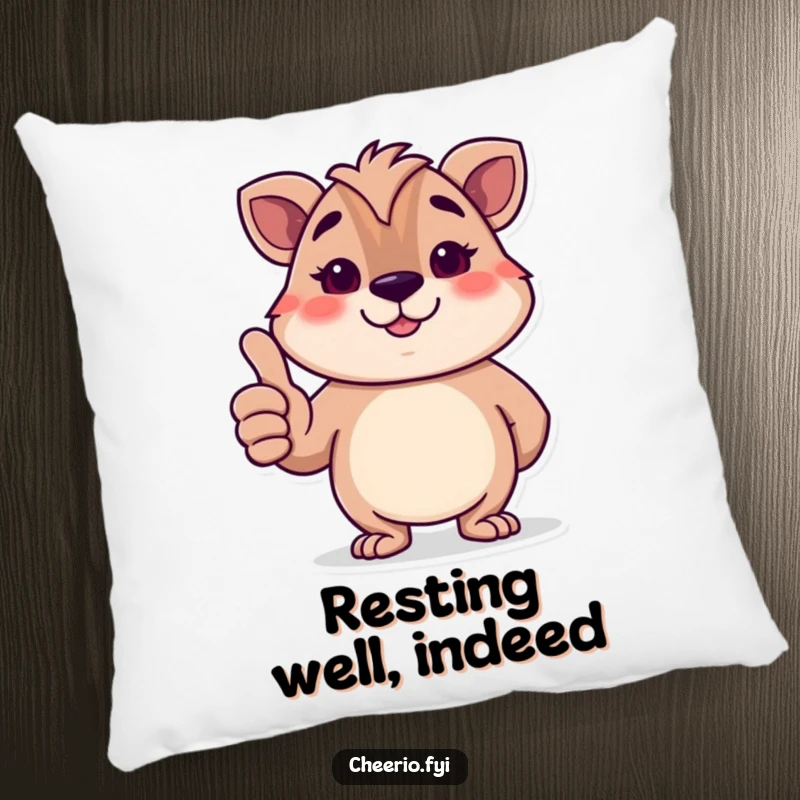 Funny British animal character giving a polite thumbs-up with a smile, a soft pillow conveying humorous approval.