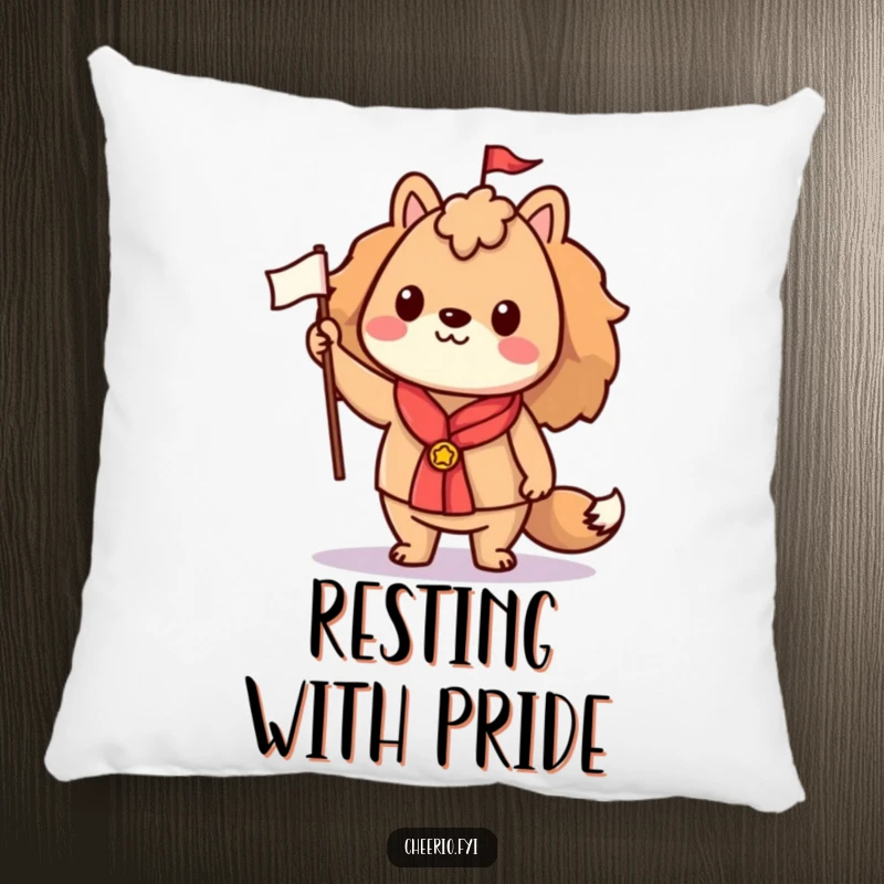Funny pillow featuring a proud animal character standing tall with a small flag, perfect for adding spirited and humorous decor.