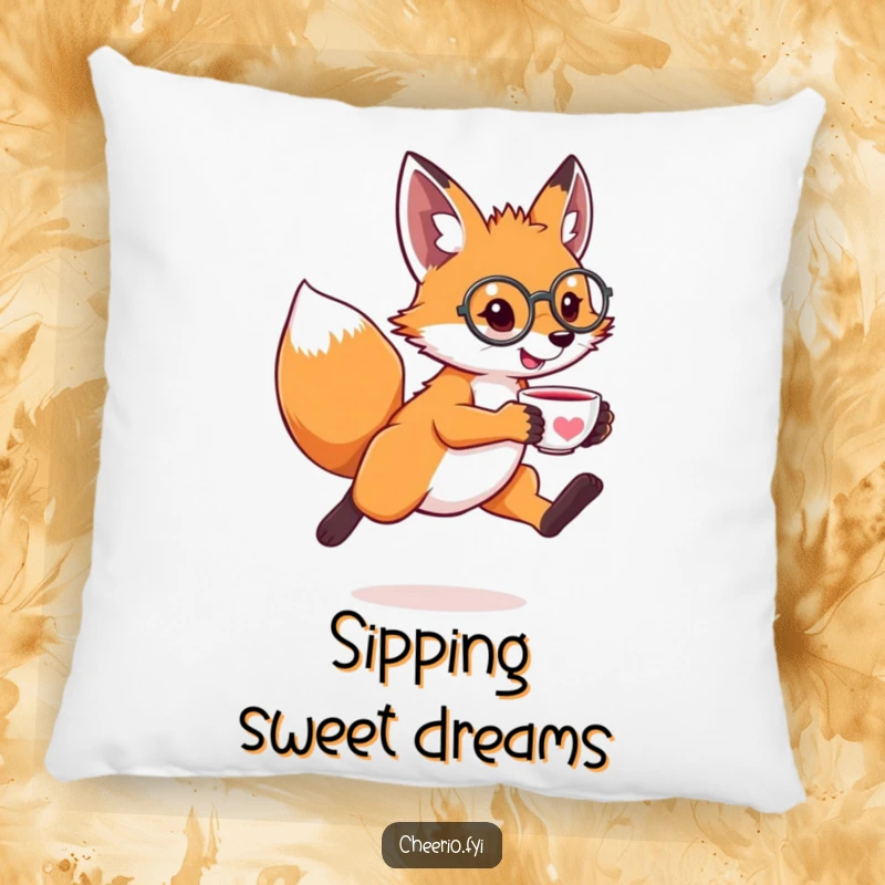 Funny pillow featuring a leaping fox wearing a monocle and holding a tiny teacup, offering cozy sophisticated humor.