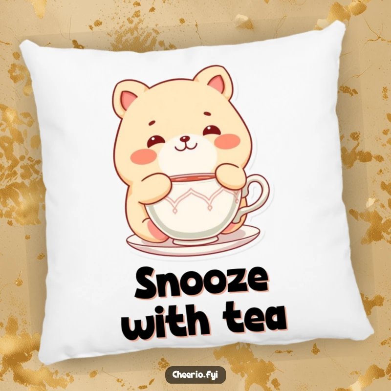 Funny Chubby Cat Pillow: A soft pillow with a chubby cat character delighted with a teacup, perfect for comfort, funny gift.