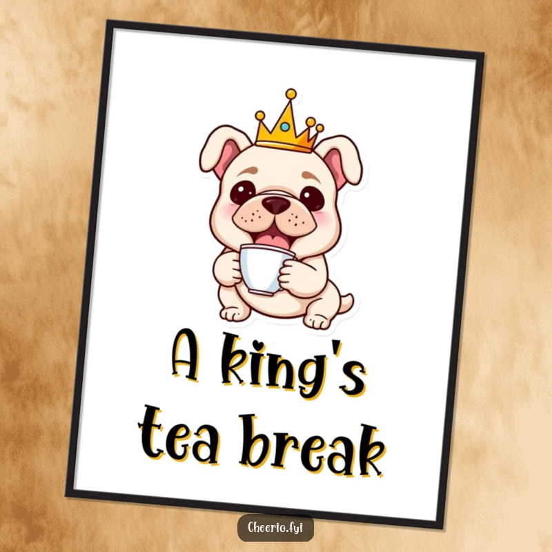 Funny digital art print of a cheerful bulldog wearing a small crown and holding a miniature teacup, exuding regal charm.