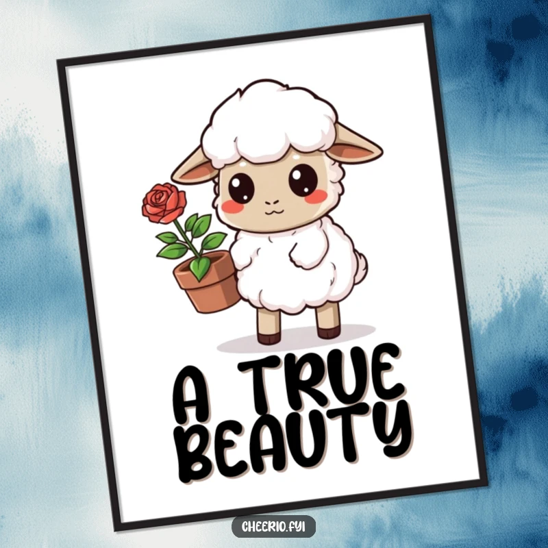 Funny Sheep Digital Art Print: A determined sheep carries a potted rose, capturing a moment of gentle care. An excellent funny gift.