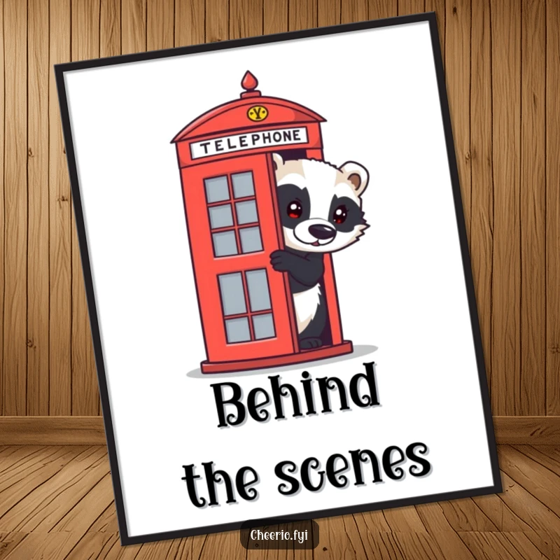 Funny badger digital art print of a curious animal peeking from a red telephone box, offering whimsical British-themed wall decor.