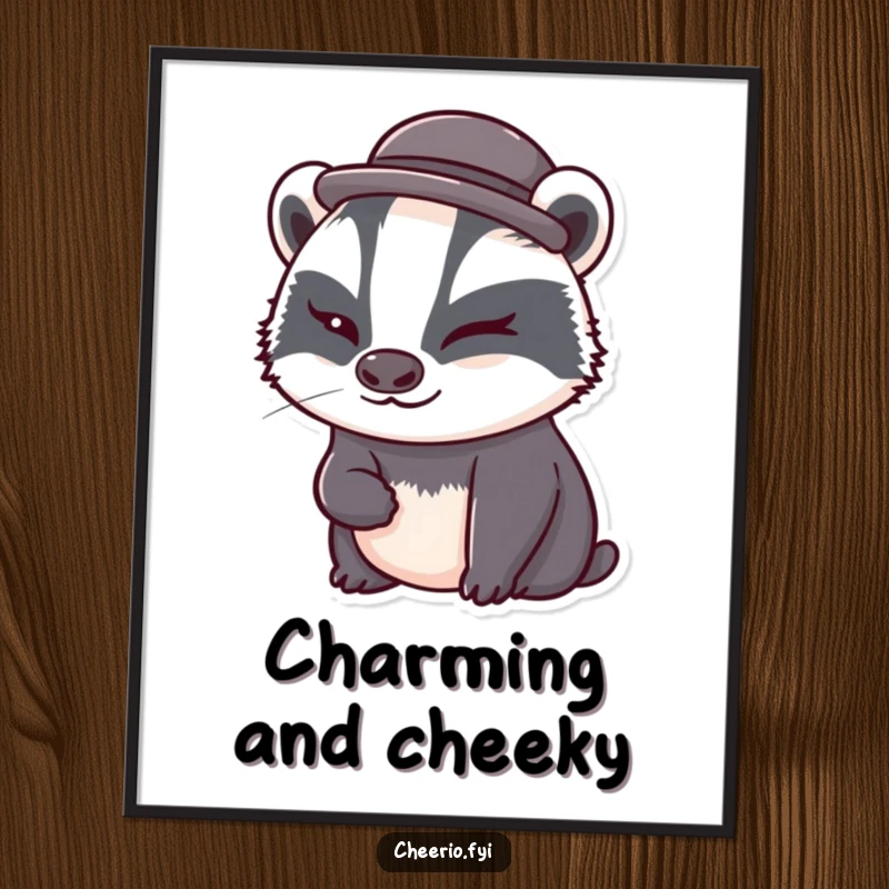 Funny badger wearing a tiny bowler hat winks playfully in this digital art print, a humorous and cute wall decor.