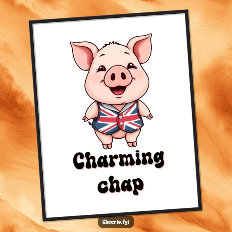 Funny Digital Art Print: A happy pig in a Union Jack waistcoat smiling, a cheerful and humorous printable artwork.