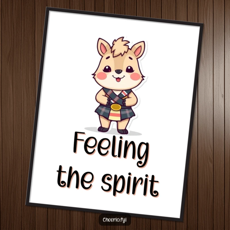 Funny British animal wearing a small kilt, smiling cheerfully, downloadable humorous art print, instant Scottish fun.