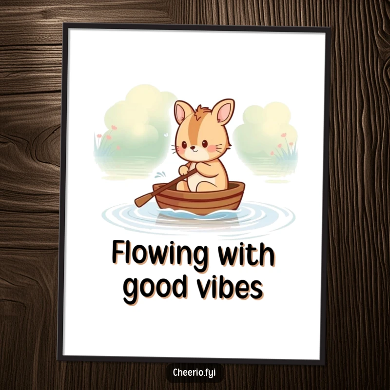 Funny British animal character rowing a tiny boat on a calm river, downloadable humorous art print for instant decor.