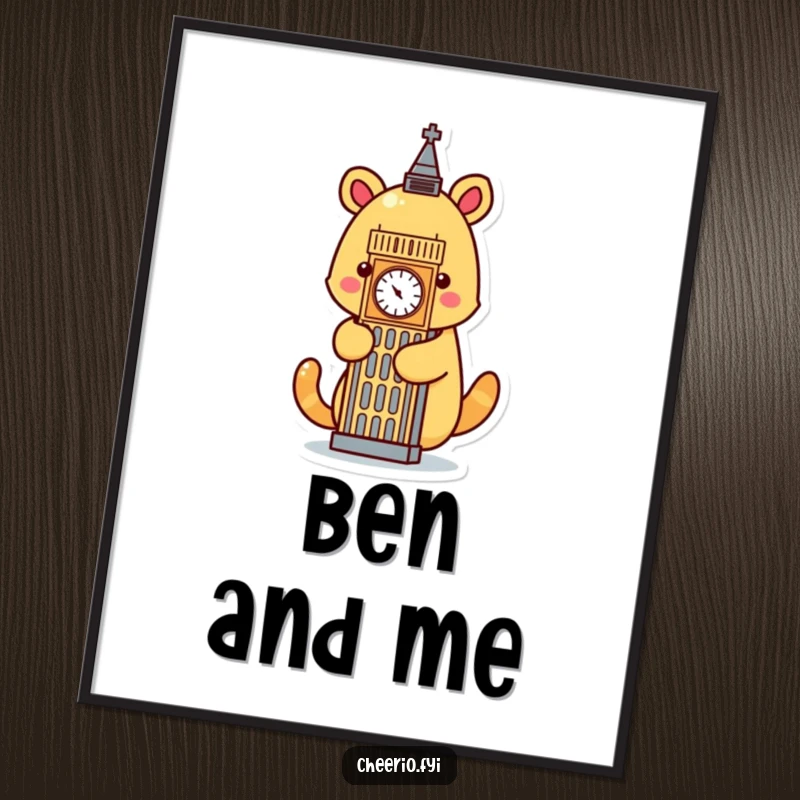 Funny cartoon animal embracing a stylized Big Ben icon, a digital art print for humorous London decor.